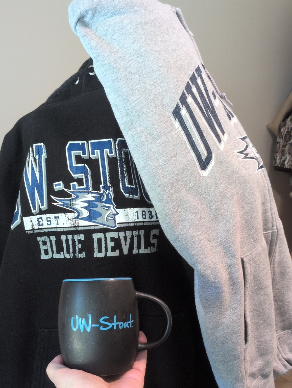2 Champion UW Stout X-Large Hoodies And Coffee Mug